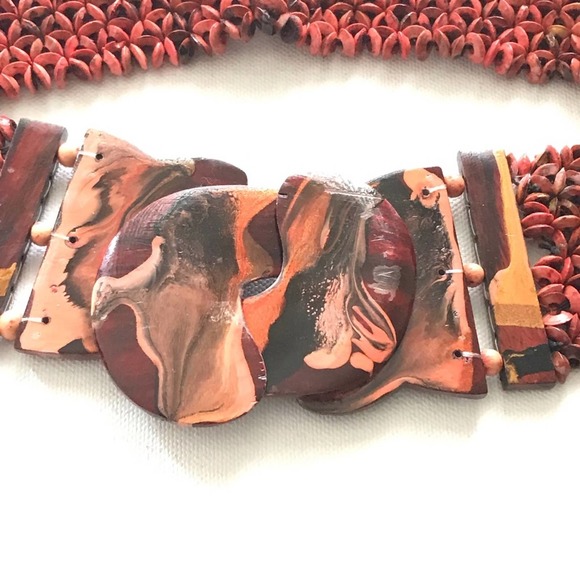 Orange Red Painted Belt Size S Wood Buckle Stretch